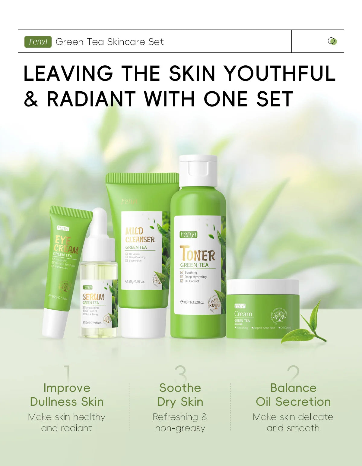 Skin Care Set Green Tea Facial Cleaner Soothes Skin Face Toner tea Serum Moisturizing Cream Repairing Eye Cream Kits