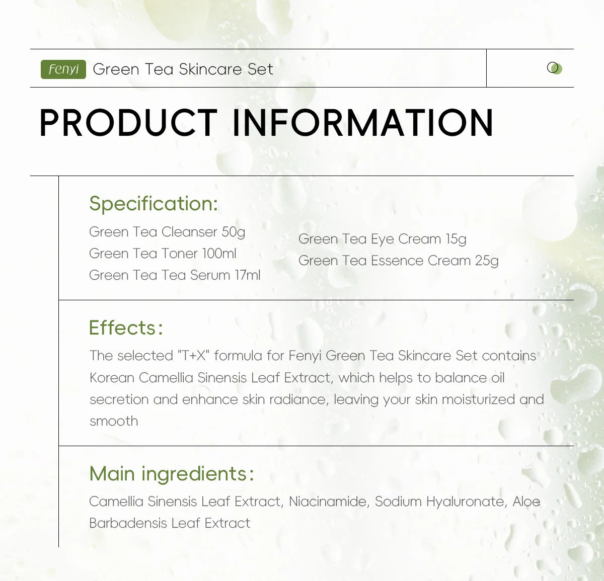 Skin Care Set Green Tea Facial Cleaner Soothes Skin Face Toner tea Serum Moisturizing Cream Repairing Eye Cream Kits