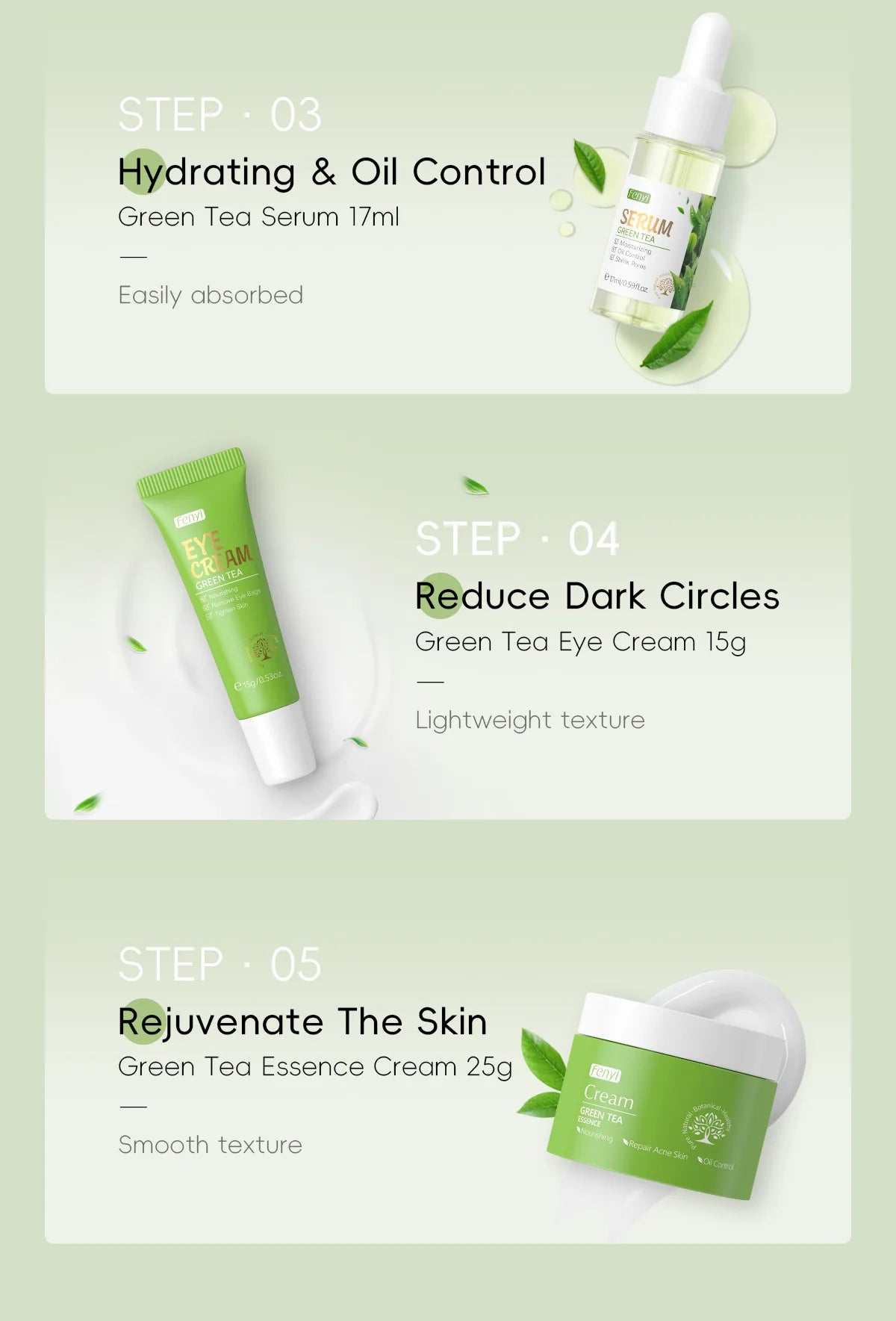 Skin Care Set Green Tea Facial Cleaner Soothes Skin Face Toner tea Serum Moisturizing Cream Repairing Eye Cream Kits