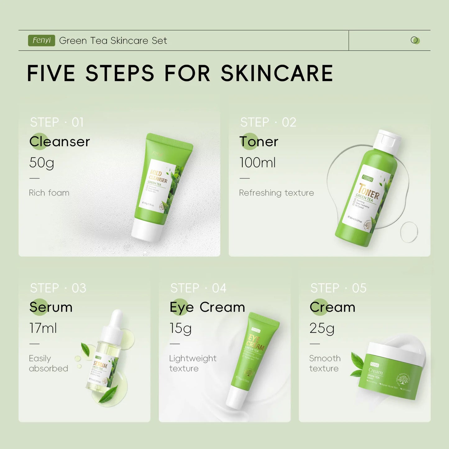 Skin Care Set Green Tea Facial Cleaner Soothes Skin Face Toner tea Serum Moisturizing Cream Repairing Eye Cream Kits